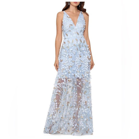 XSCAPE Embroidered Long Evening Dress  in Light Blue Size 4 - Picture 2 of 9